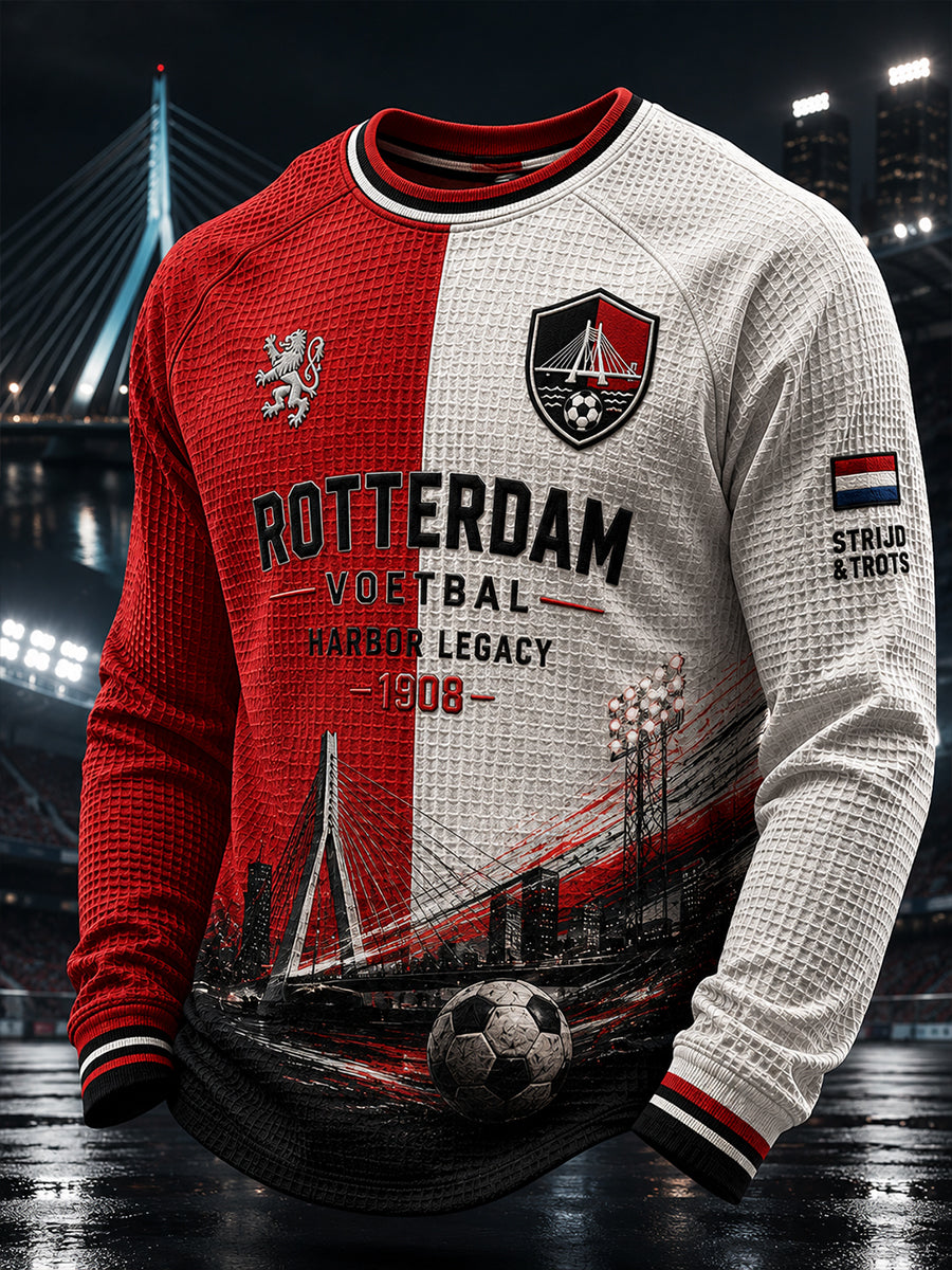 Voetbalthema-geprinte wafelgebreide raglan-top met lange mouwen voor heren