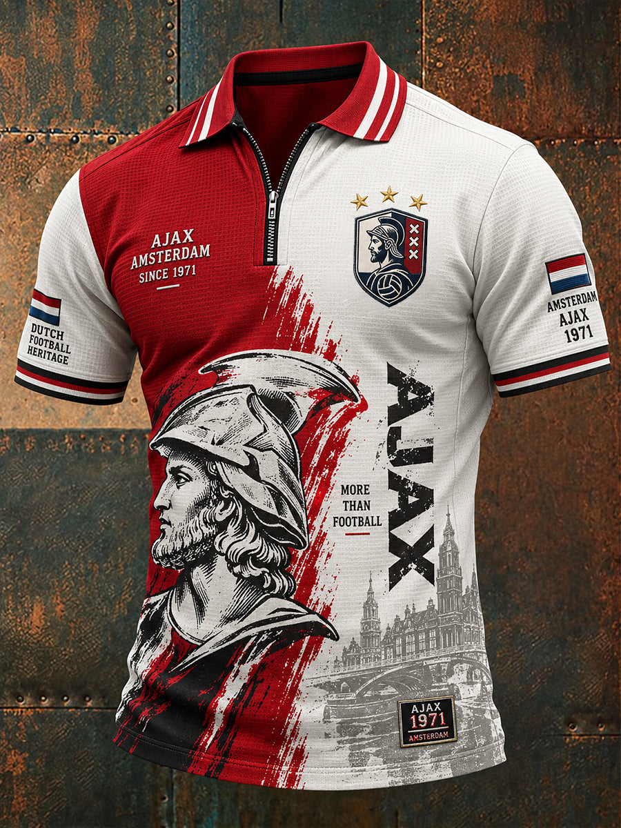 Herenpoloshirt met korte mouwen en ritskraag, voorzien van een voetbalprint