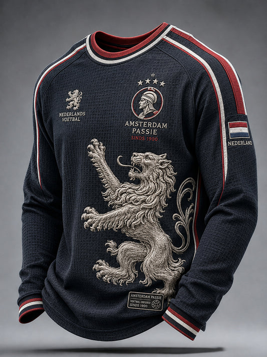 Voetbalthema-geprinte wafelgebreide raglan-top met lange mouwen voor heren