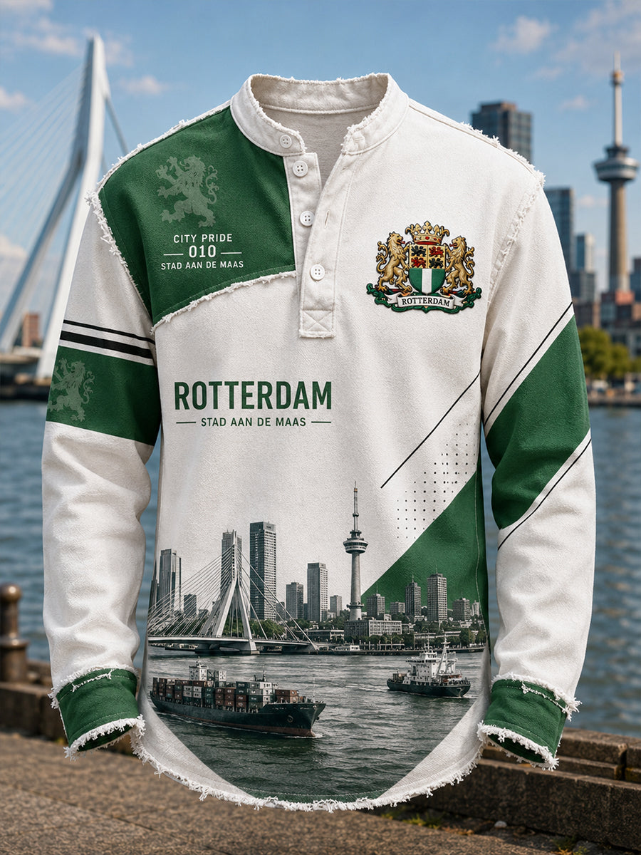 Herenhemd met lange mouwen en vintageprint in souvenirstijl van een stad