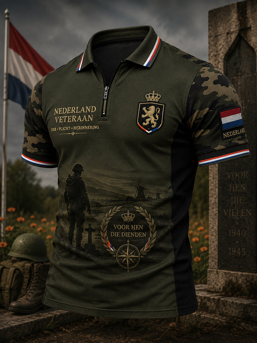 Herenshirt in vintagestijl met veterantopic, print, korte mouwen en ritssluiting aan de voorkant