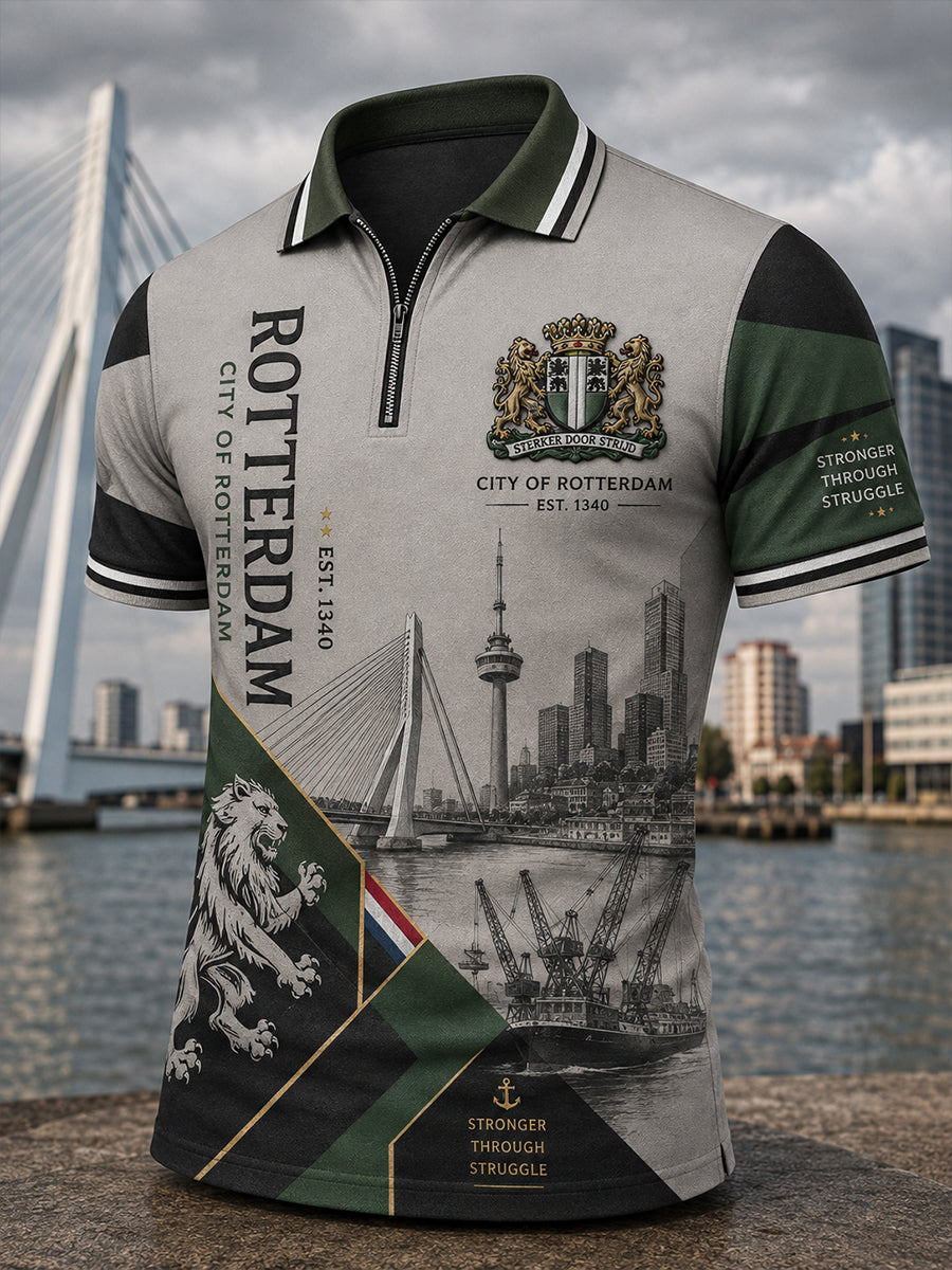 Herenshirt met grafische print in vintage city-stijl, korte mouwen en rits aan de voorkant