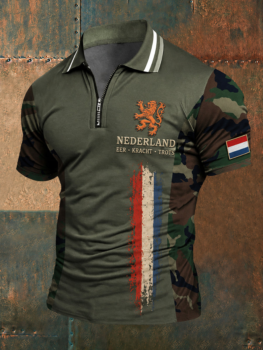 Herenvintage veteraanprint met korte mouwen poloshirt met ritssluiting