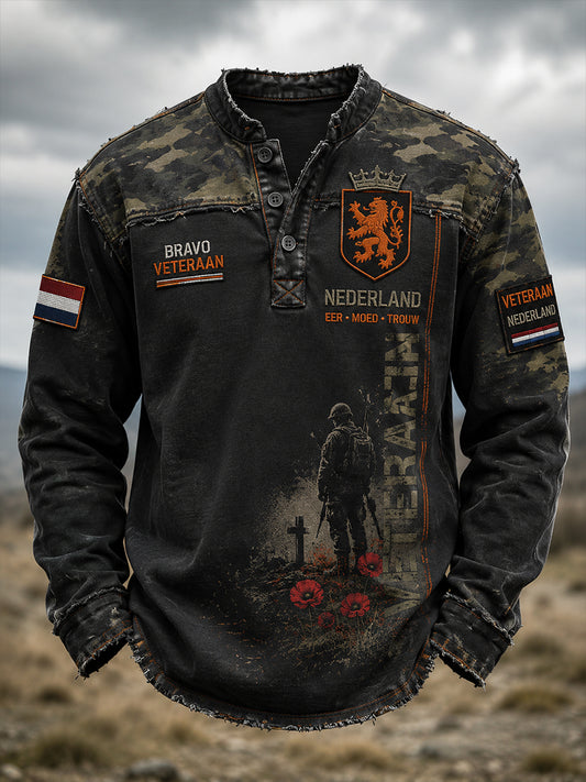 Vintage top met lange mouwen voor heren met camouflage en herdenkingsafdruk met een veteraan