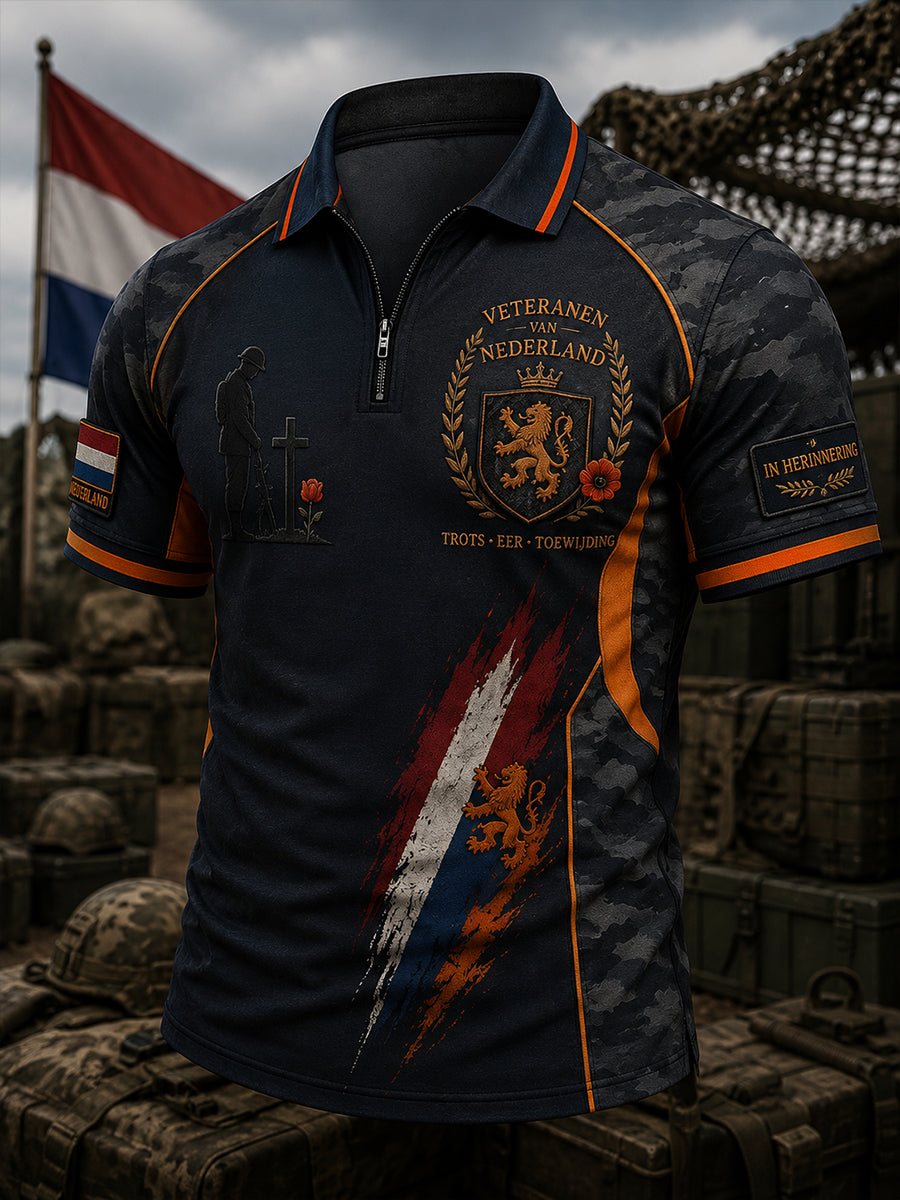 Herenshirt in vintagestijl met veterantopic, print, korte mouwen en ritssluiting aan de voorkant