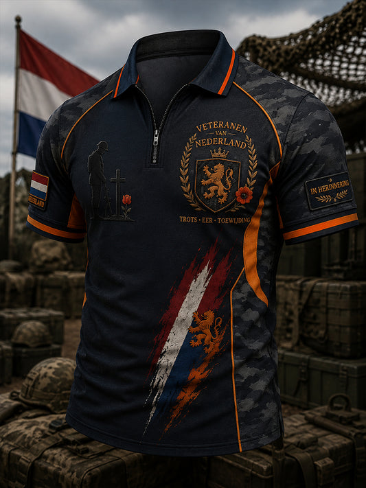 Herenshirt in vintagestijl met veterantopic, print, korte mouwen en ritssluiting aan de voorkant