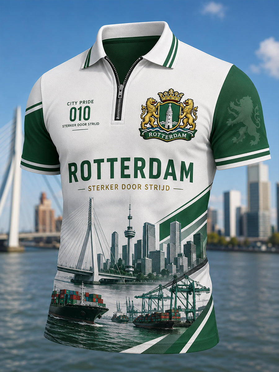 Herenshirt met grafische print in vintage city-stijl, korte mouwen en rits aan de voorkant