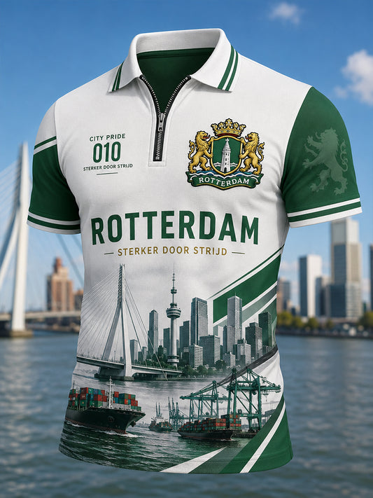 Herenshirt met grafische print in vintage city-stijl, korte mouwen en rits aan de voorkant