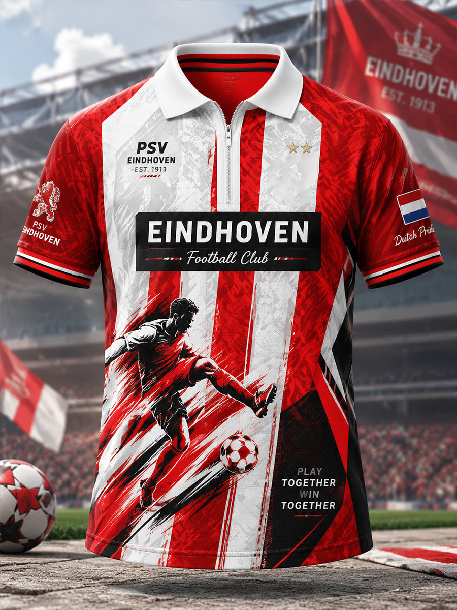 Herenpoloshirt met korte mouwen en rits vooraan, met een op clubs geïnspireerde grafische print