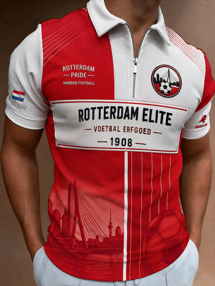 Herenpoloshirt met korte mouwen en rits vooraan, met een op clubs geïnspireerde grafische print
