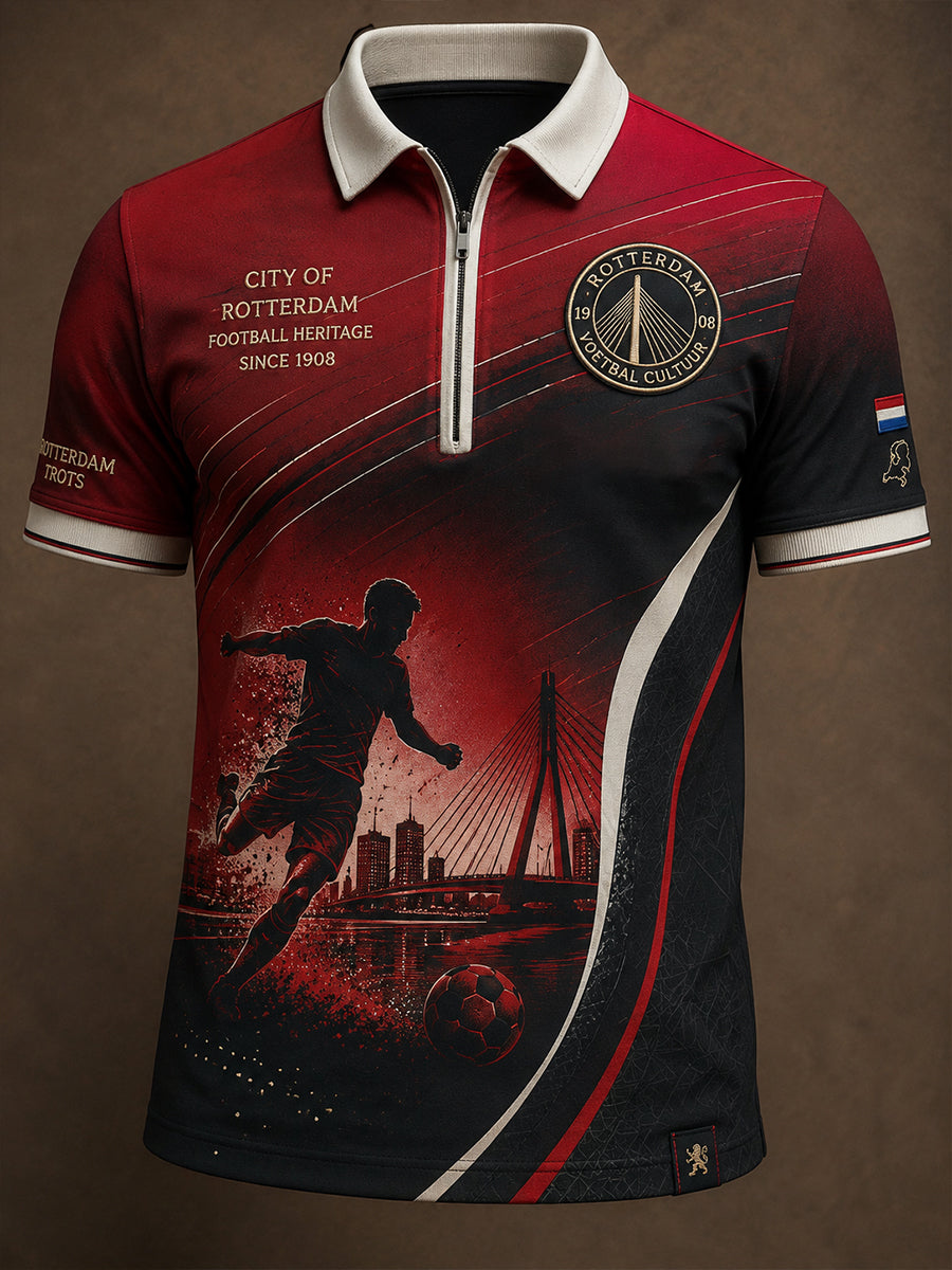 Herenpoloshirt met korte mouwen en rits vooraan, met een op clubs geïnspireerde grafische print