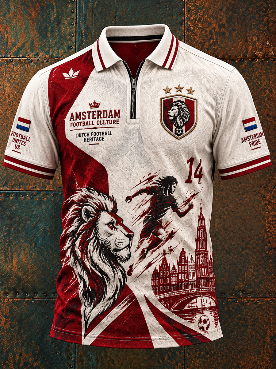 Herenpoloshirt met korte mouwen en rits vooraan, met een op clubs geïnspireerde grafische print