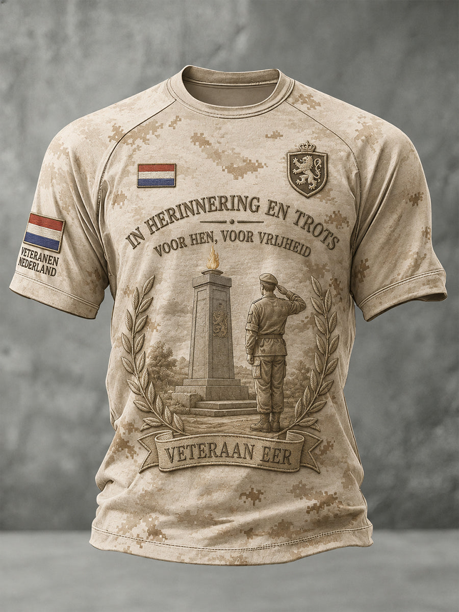 Heren vintage Raglan-mouw T-shirt met camouflage en veteraan herdenkingsprint