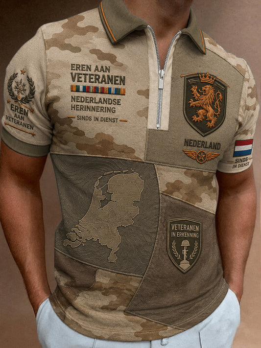 Poloshirt met korte mouwen voor heren en rits met vintage camouflage en militaire stijl