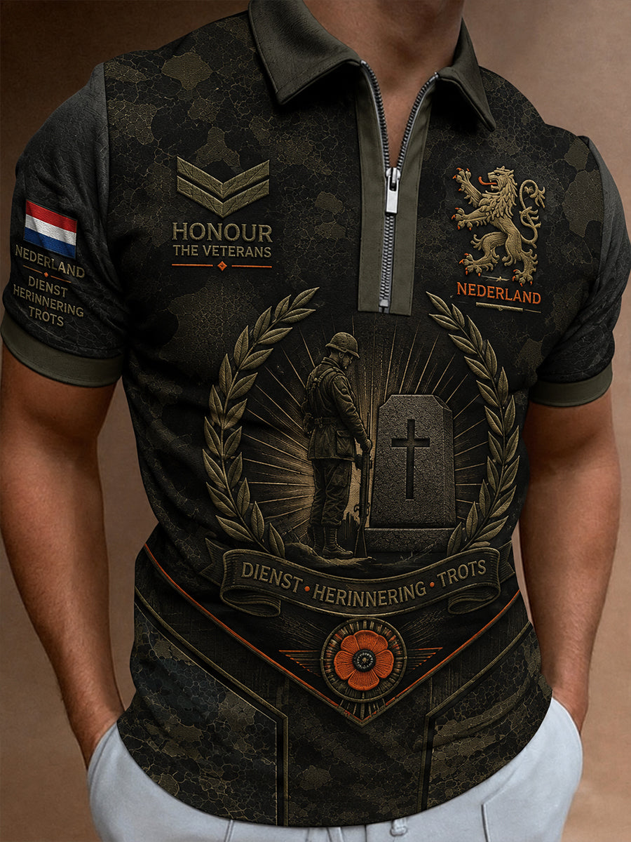 Herenvintage camouflage poloshirt met korte mouwen en ritssluiting en veteraan herdenkingsopdruk