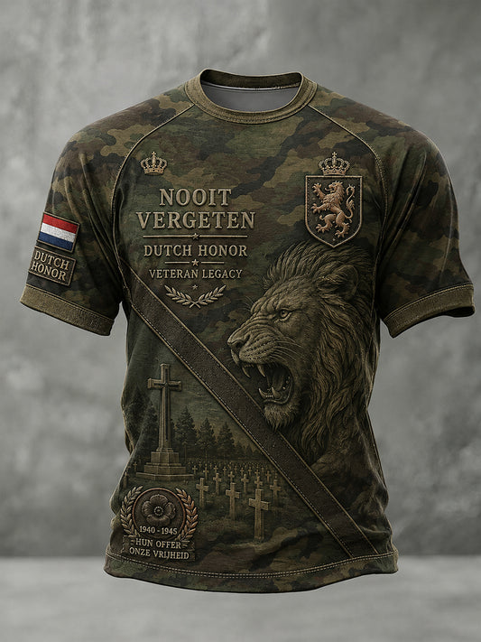 Heren-T-shirt in vintagestijl met raglanmouwen, camouflage en een herdenkingsprint voor veteranen
