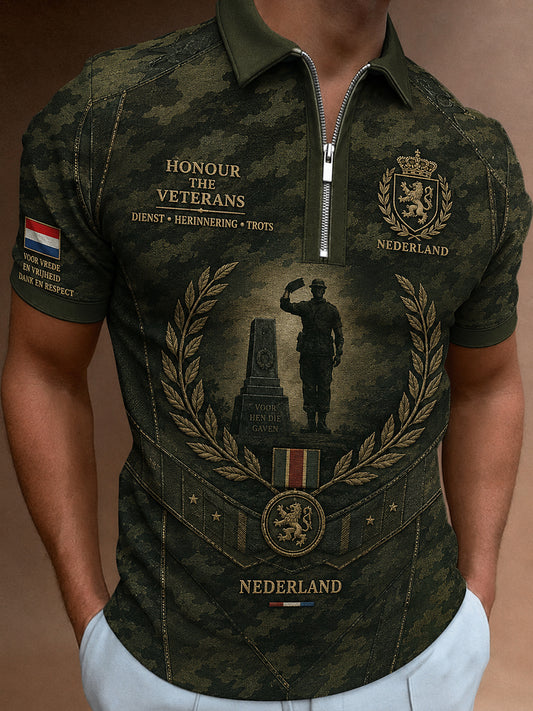 Herenpoloshirt met korte mouwen en rits vooraan, met vintagecamouflage- en militaire prints