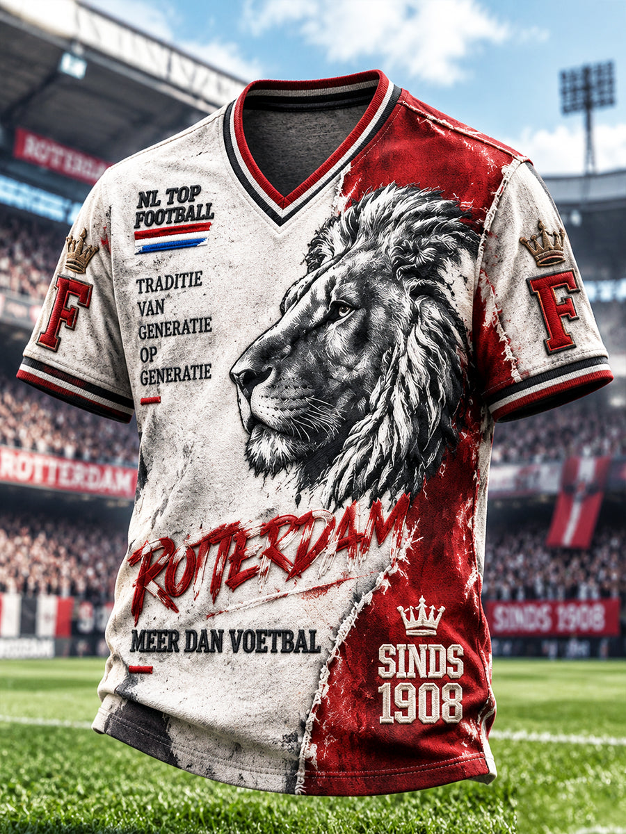 Heren Retro Nederlandse Feyenoord Voetbal Lion Print Casual V-hals T-shirt