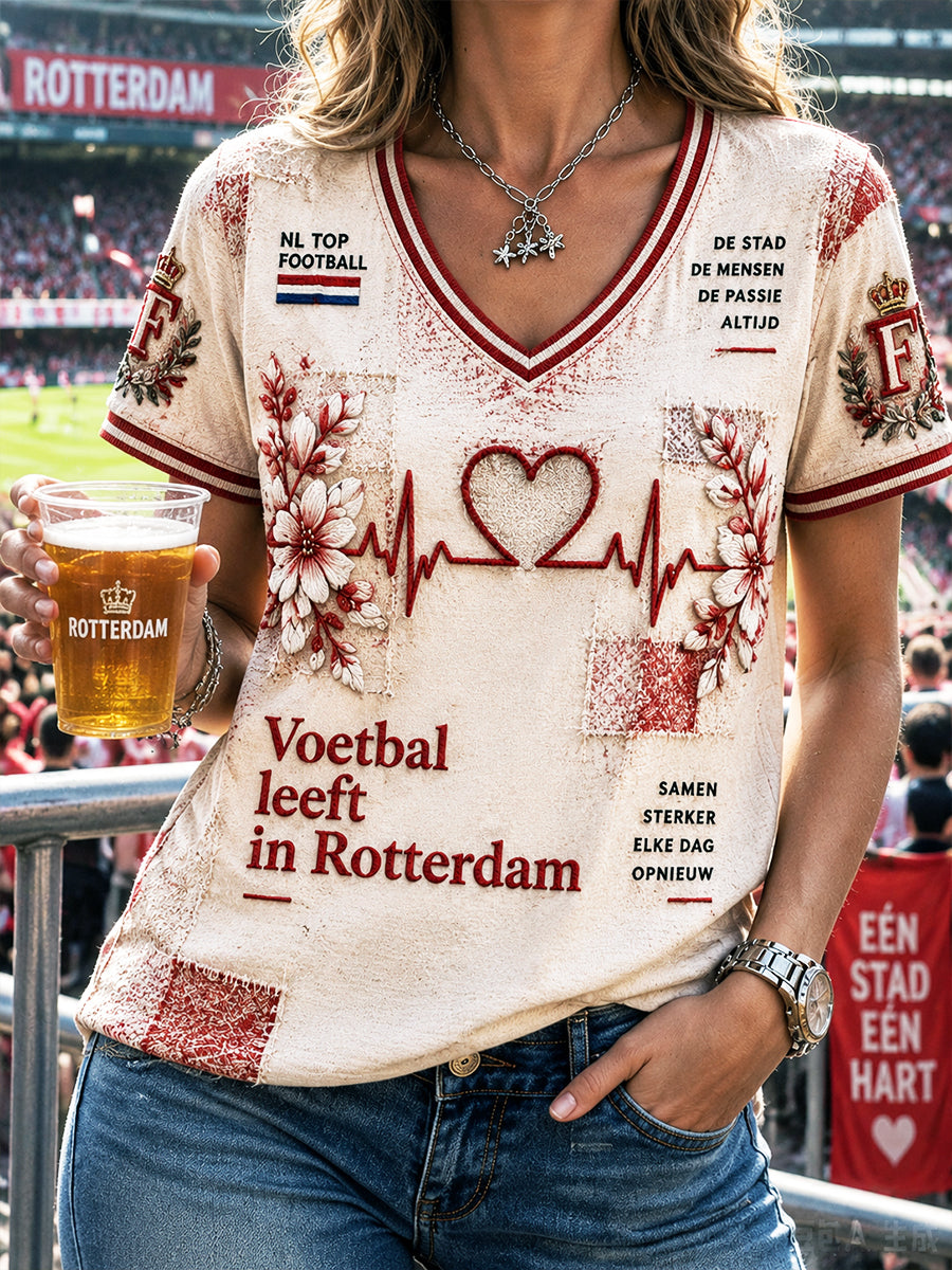 Gebroken witte Feyenoord-voetbalprint casual T-shirt met V-hals voor dames