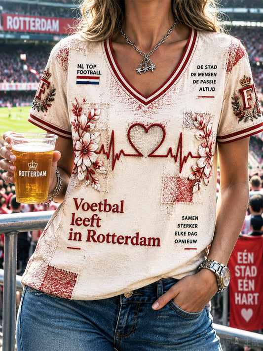 Gebroken witte Feyenoord-voetbalprint casual T-shirt met V-hals voor dames