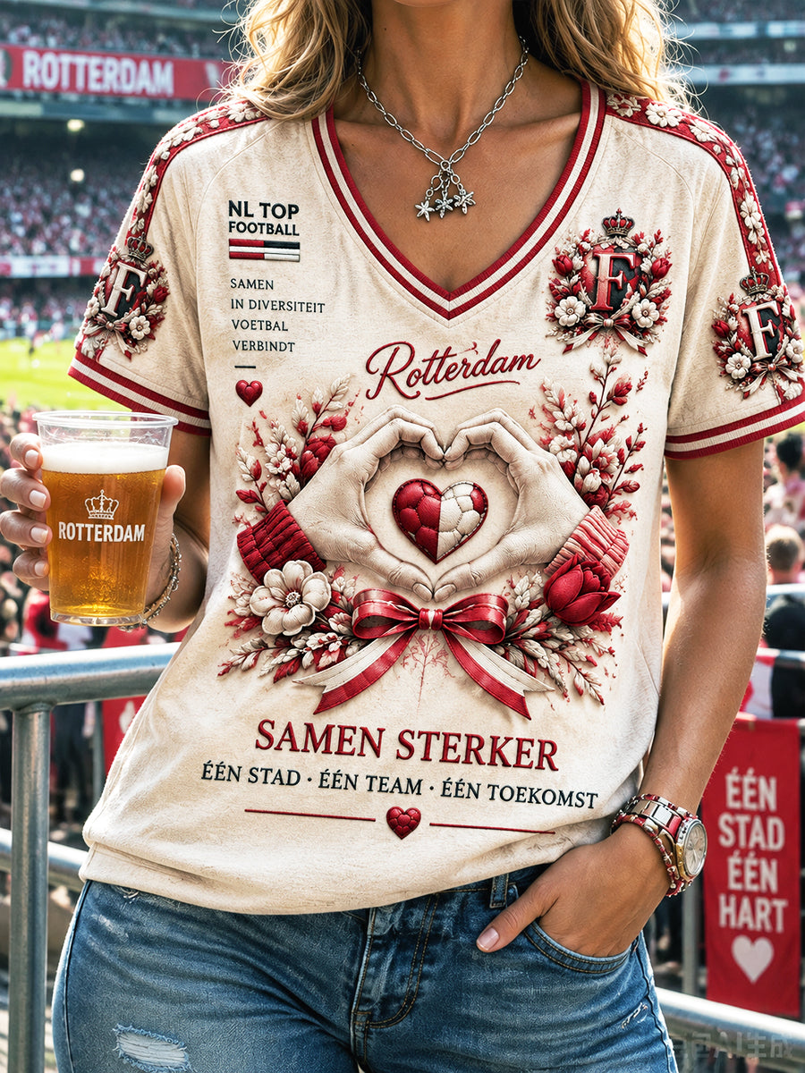 Off-White Holland Feyenoord voetbalprint casual T-shirt met V-hals voor dames