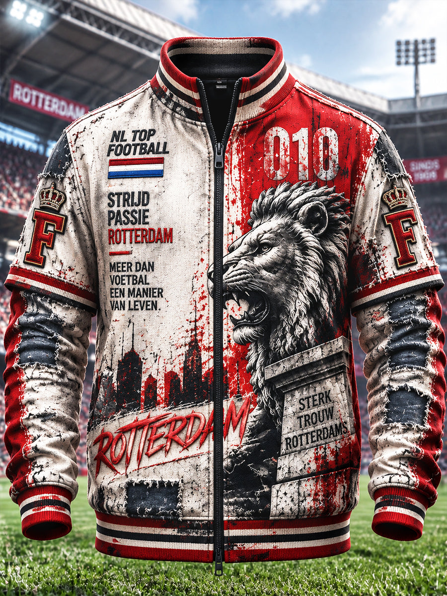 Mannen Vintage Nederland Feyenoord Voetbal Lion Print Casual Zip-Up Jacket