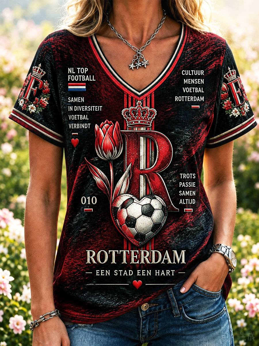 Dames zwart Nederland Feyenoord voetbalprint casual V-hals T-shirt