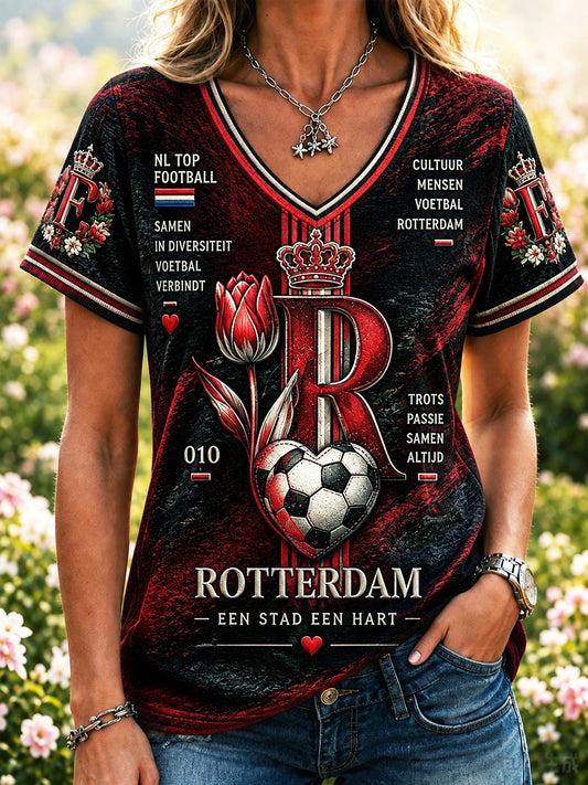 Dames zwart Nederland Feyenoord voetbalprint casual V-hals T-shirt