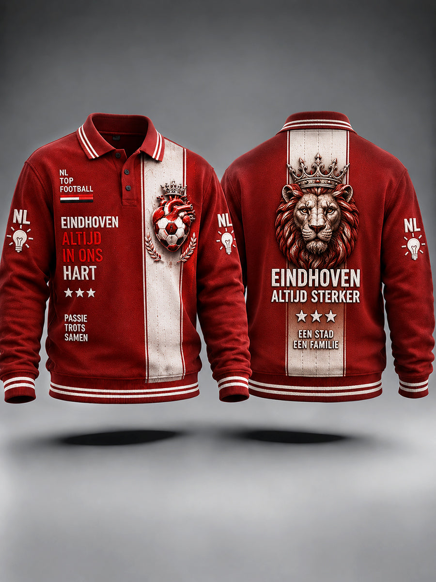 Nederlands Eindhoven Voetbal Patchwork-Print Casual Poloshirt met lange mouwen