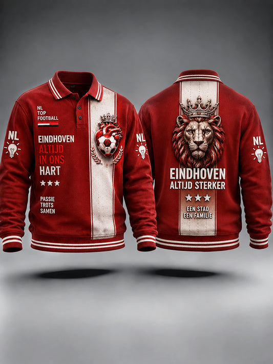 Nederlands Eindhoven Voetbal Patchwork-Print Casual Poloshirt met lange mouwen