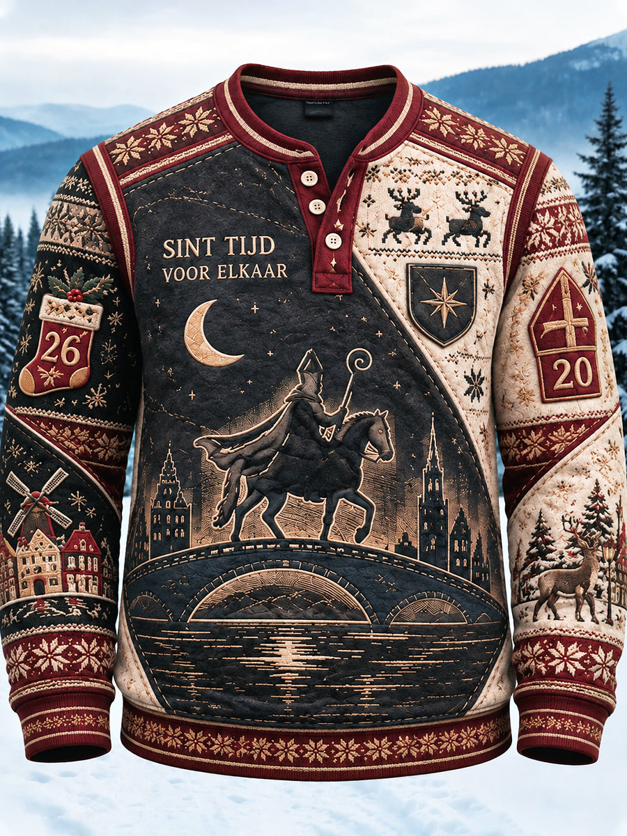Heren Nederlandse Sinterklaasdag patchwork print henley nek sweatshirt
