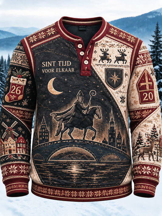 Heren Nederlandse Sinterklaasdag patchwork print henley nek sweatshirt