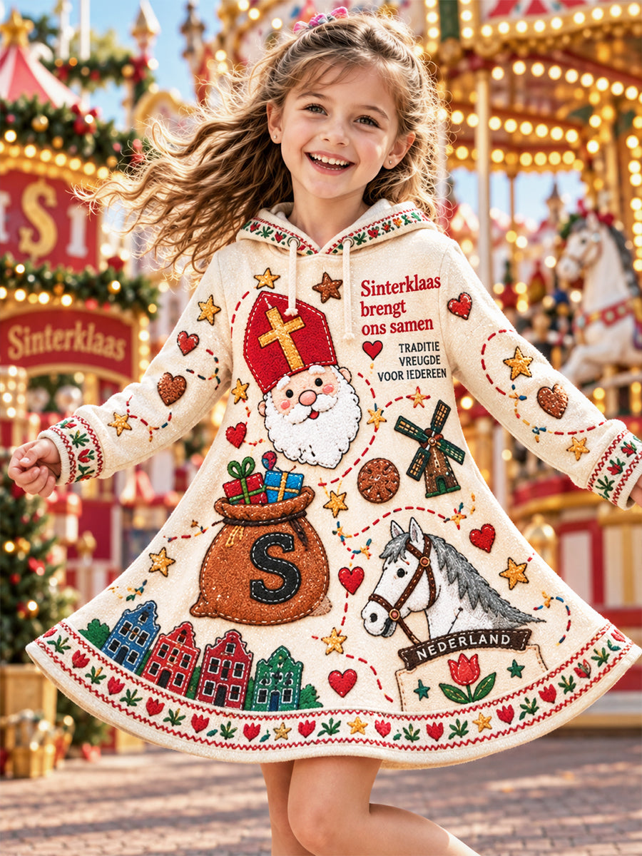 Meisjes Nederlandse sinterklaasdag print herfstwinterjurk met capuchon