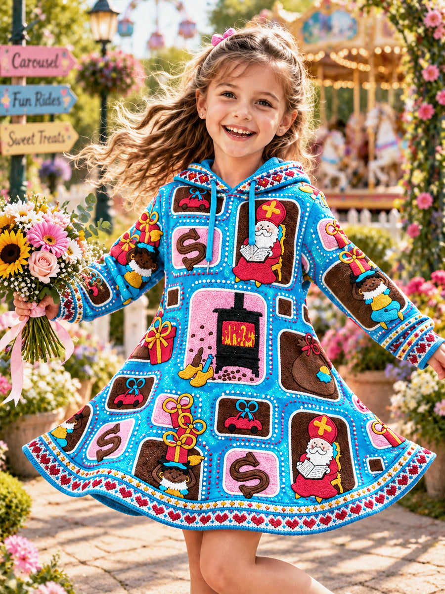 Meisjesblauwe sinterklaasdag schattige print casual jurk met capuchon
