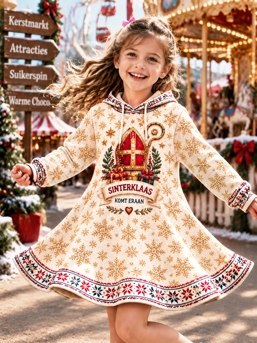 Meisjes Beige Nederlandse sinterklaasdag-Bedrukt AutumnWinter capuchon jurk