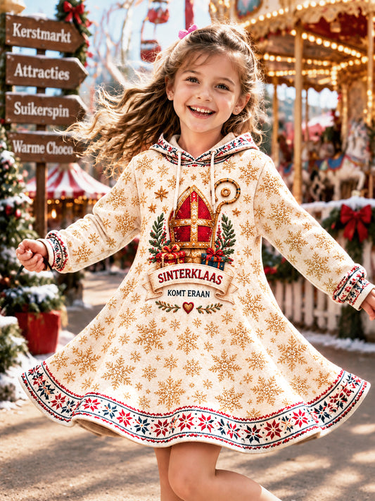Meisjes Beige Nederlandse sinterklaasdag-Bedrukt AutumnWinter capuchon jurk