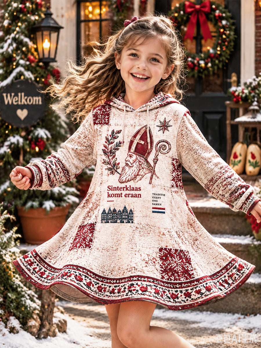 Meisjes Nederland St Nicholas Day Print Casual AutumnWinter Hooded Jurk