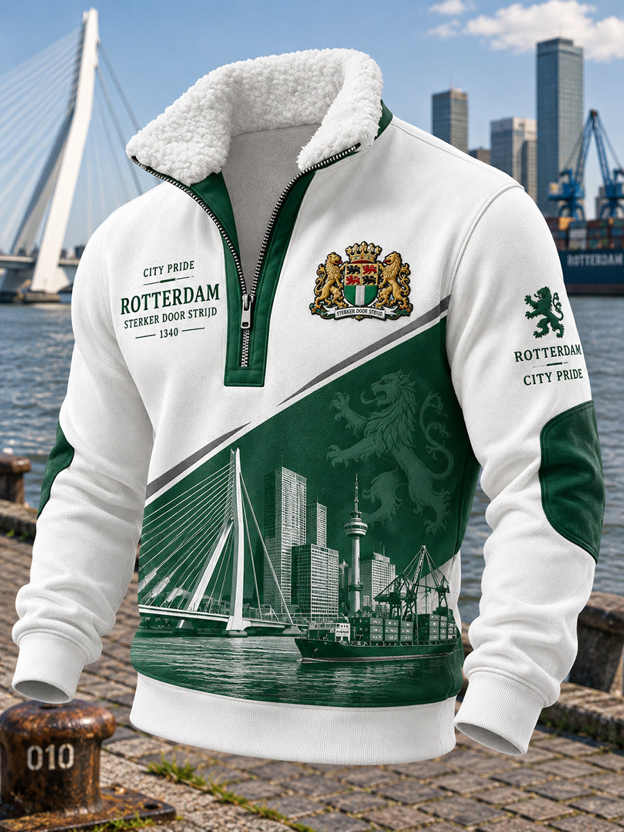 Herenhoodie met hoge hals en lange mouwen, voorzien van een stedelijk herdenkingsmotief