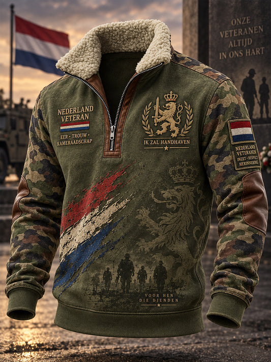 Herensweatshirt met vetershals en lange mouwen, vintageprint met militair thema