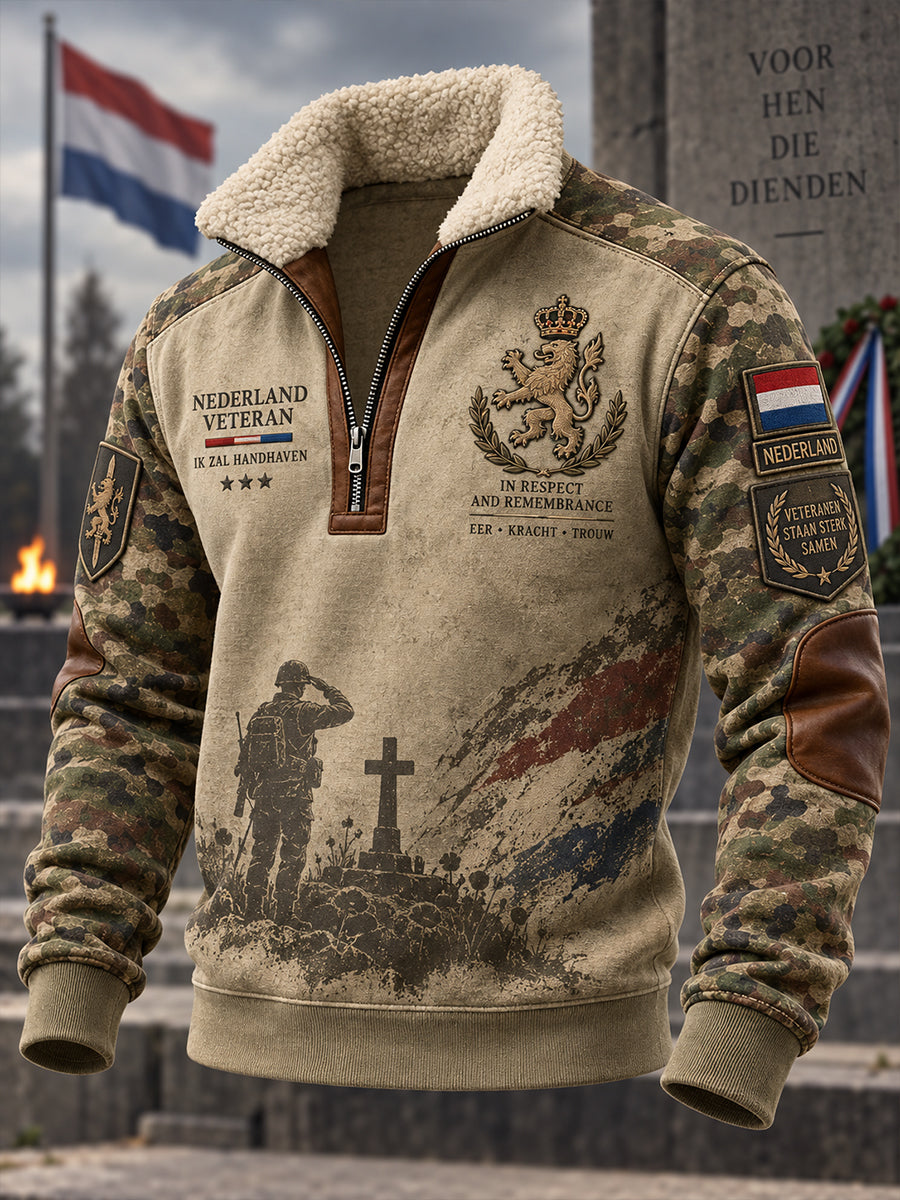 Herenvintage veteraanprint met mock-hals en lange mouwen