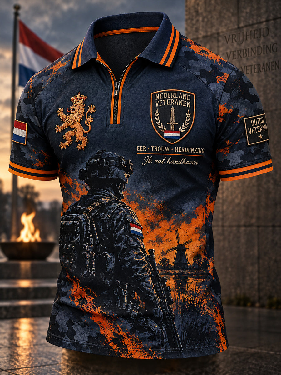 Herenshirt in vintagestijl met veterantopic, print, korte mouwen en ritssluiting aan de voorkant