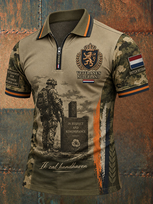 Herenshirt in vintagestijl met veterantopic, print, korte mouwen en ritssluiting aan de voorkant
