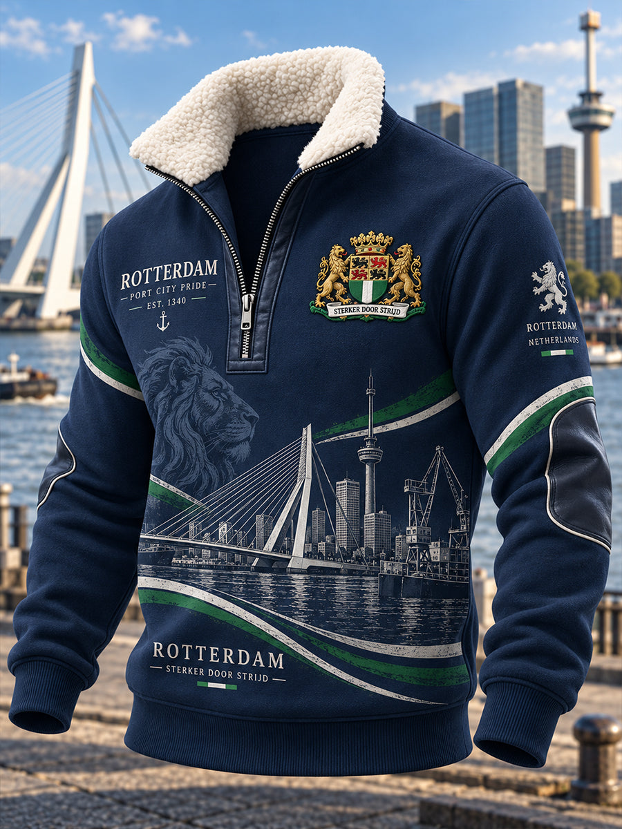 Herenhoodie met hoge hals en lange mouwen, voorzien van een stedelijk herdenkingsmotief