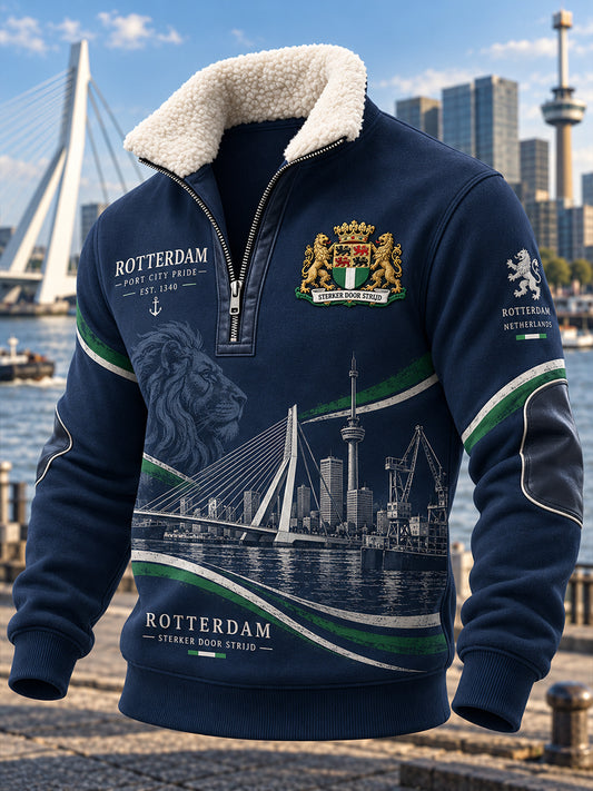 Herenhoodie met hoge hals en lange mouwen, voorzien van een stedelijk herdenkingsmotief