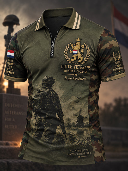 Herenshirt in vintagestijl met veterantopic, print, korte mouwen en ritssluiting aan de voorkant