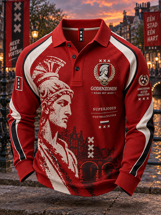 Herenpoloshirt met lange raglanmouwen en voetbalherdenkingsprint