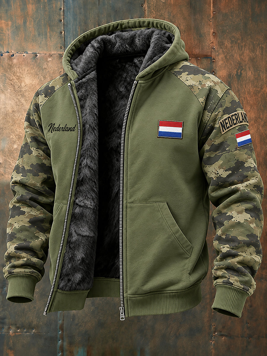 Herenjas met lange mouwen, camouflage in militair thema en herdenkingsprint