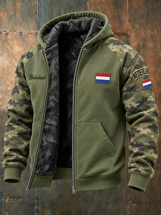 Herenjas met lange mouwen, camouflage in militair thema en herdenkingsprint