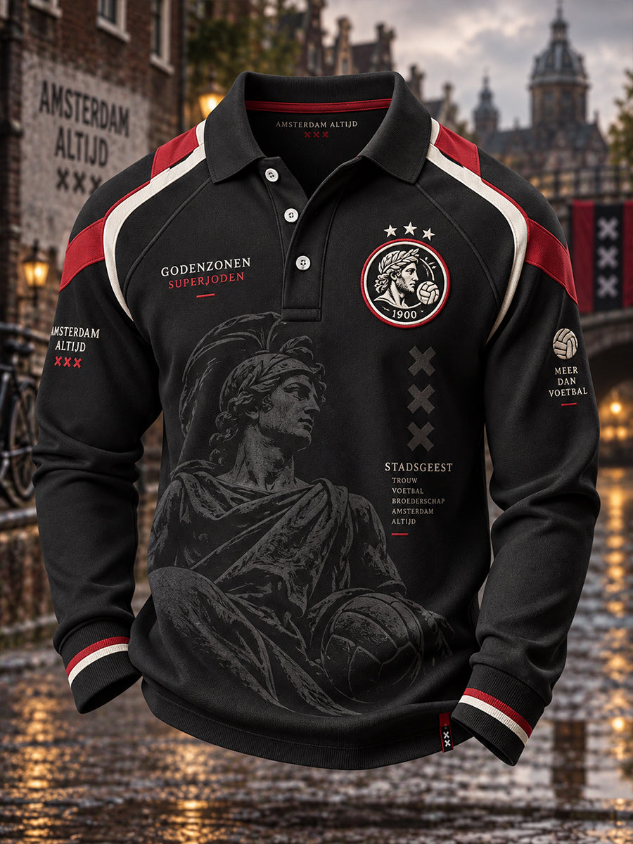 Herenpoloshirt met lange mouwen en voetbal herdenkingsopdruk