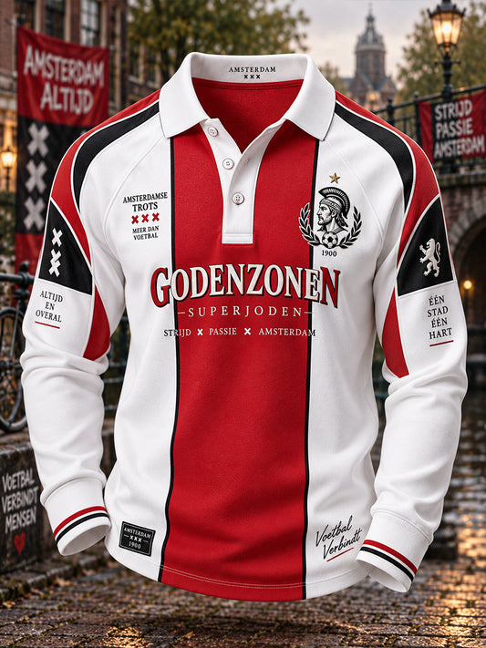 Herenpoloshirt met lange raglanmouwen en voetbalherdenkingsprint